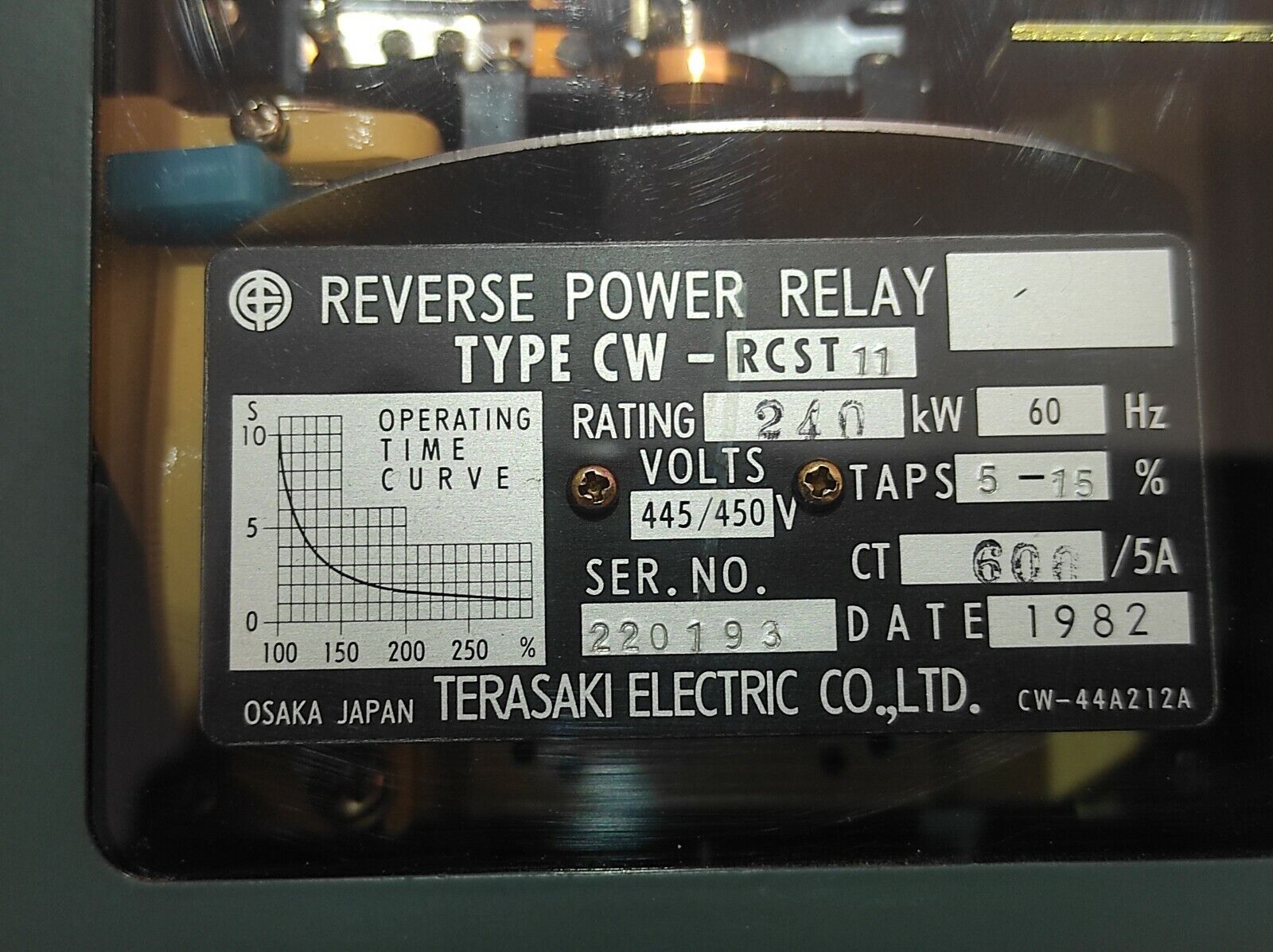 Terasaki CW-RCST11 Reverse Power Relay CWRCST11 Rating 240kW 60Hz Volts 445/450V