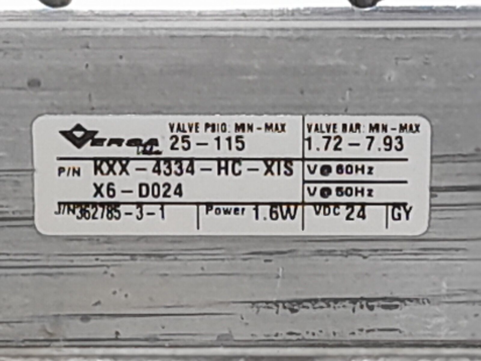 Versa KXX-4334-HC-XISX6-D024 4-Way Valve Alum 24VDC 1.6W PSIG 25-115 Min-Max
