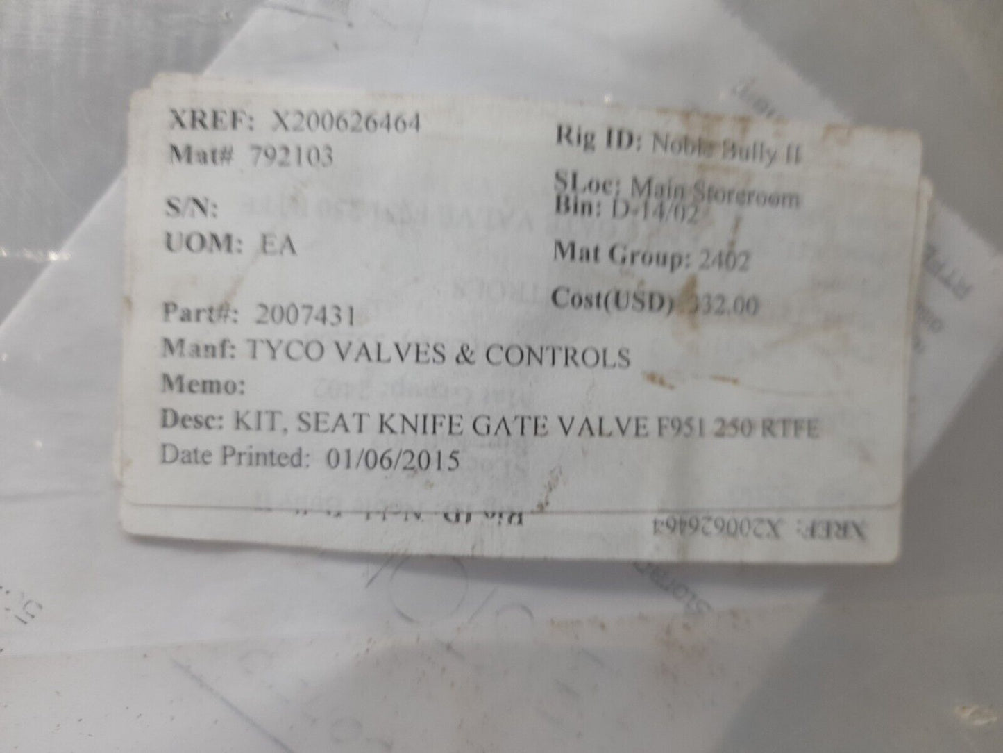 Tyco 2007431 Seat Knife Gate Valve Kit F951 250 RTFE