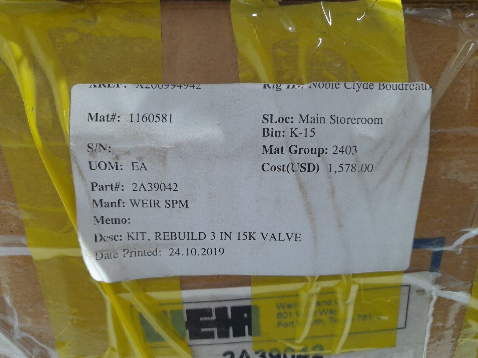 Weir SPM 2A39042 KIT/PARTS/PV/3.00/LT/SD/NCKL PLTD Rebuild Kit 3In 15K Valve