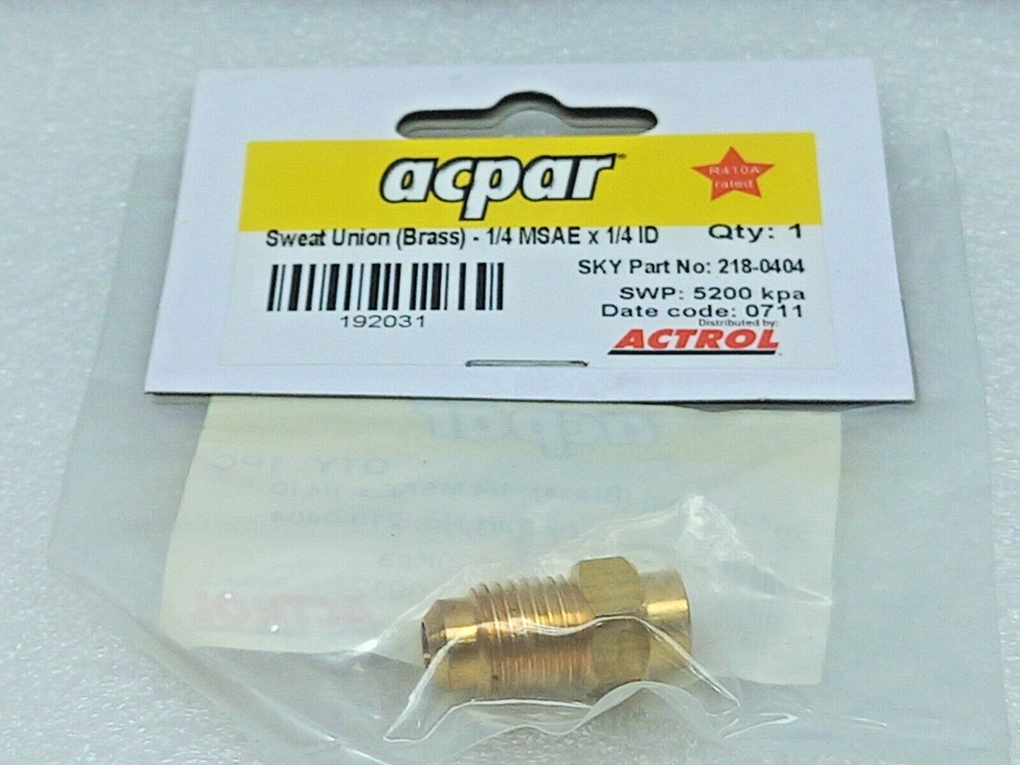 Actrol 218-0404 Sweat Union (Brass)-1/4 MSAE x 1/4ID 5PCs In Lot