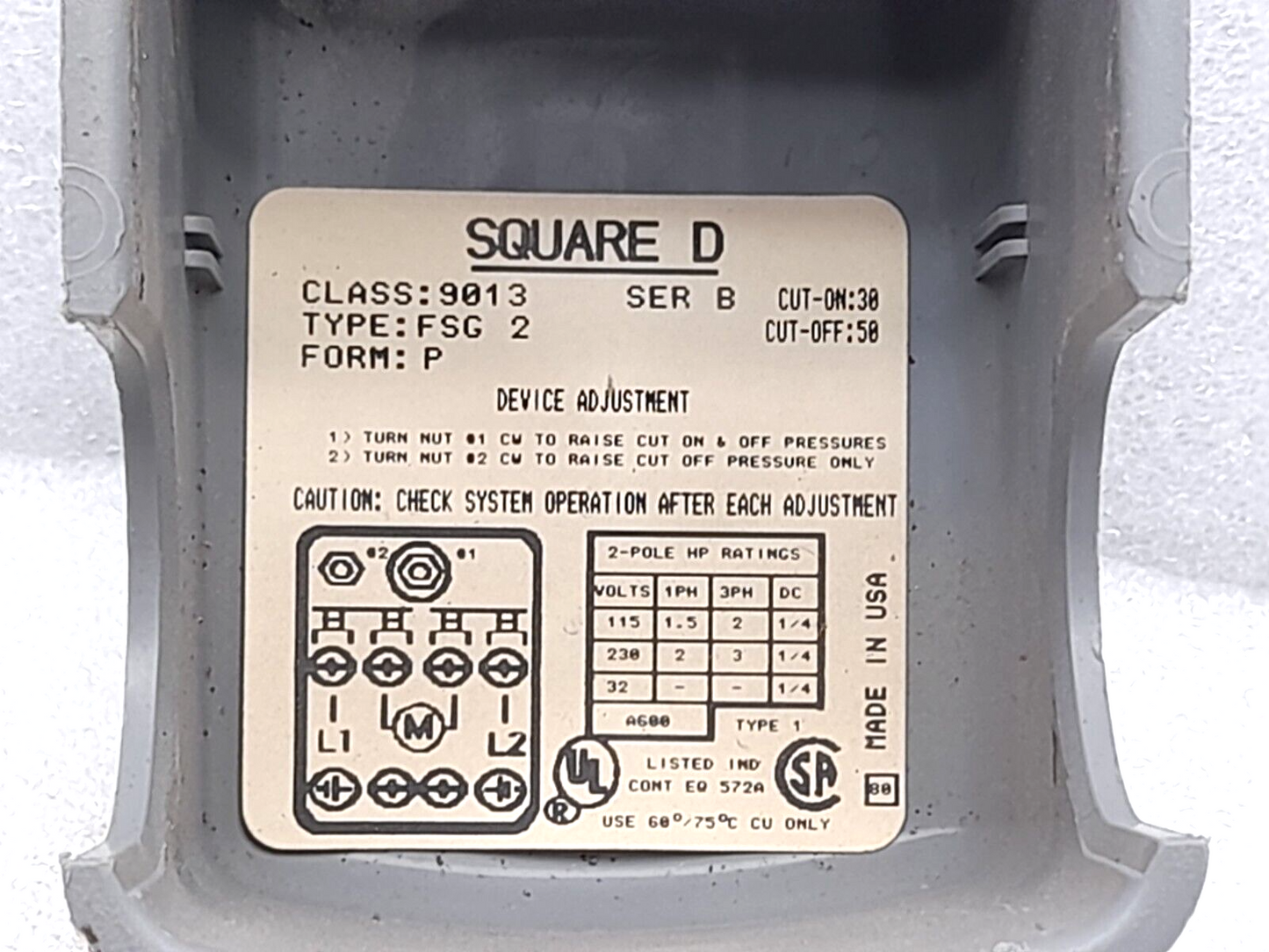 Square D 9013 FSG 2 Ser B Form P Pumptrol Pressure Switch Cut On 30 Cut Off 50