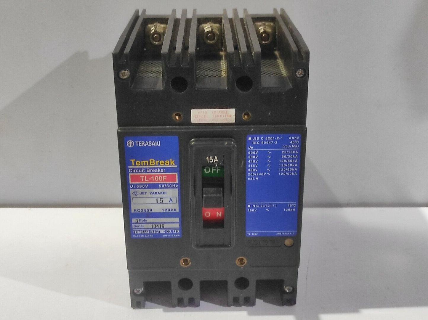 Terasaki TL-100F TemBreak Circuit Breaker 15A Ui 690V 50/60Hz AC240V 120kA 3Pole