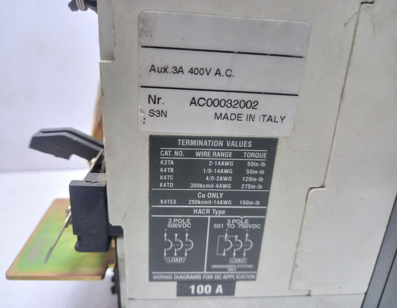 ABB SACE S3 S3H Circuit Breaker 100A 3 Pole 600VAC 600VDC