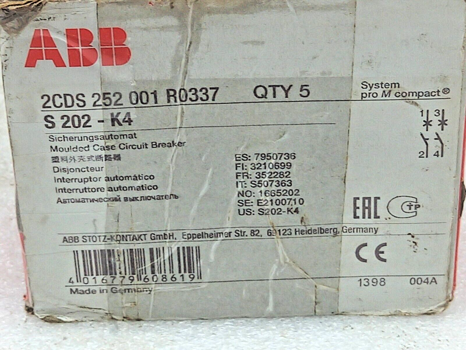 ABB S 202-K4 Moulded Case Circuit Breaker Cat.A 2CDS 252 001 R0337