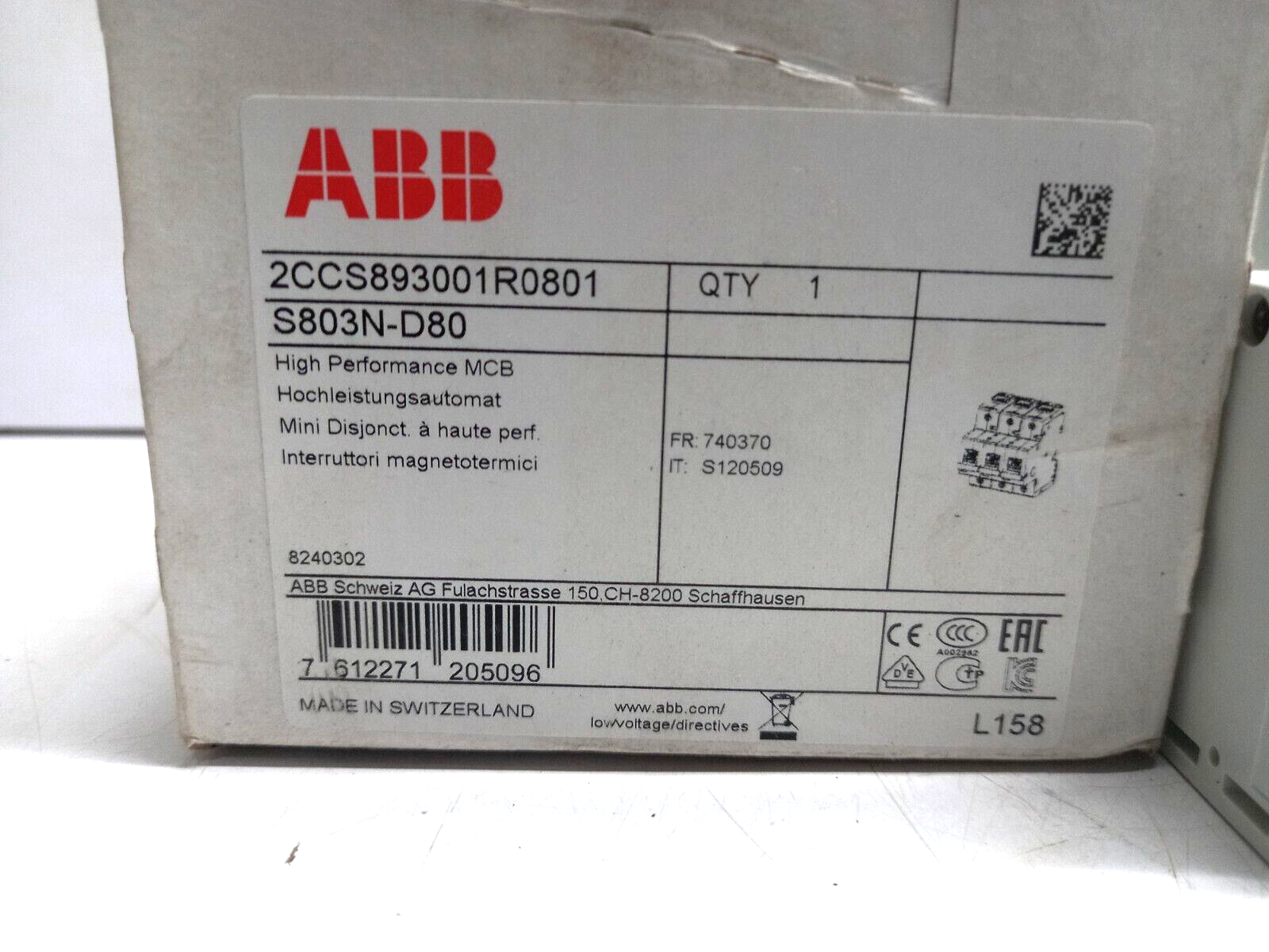 ABB 2CCS893001R0801 High Performance MCB S803N-D80 RS 435324 240/415V~ 36kA