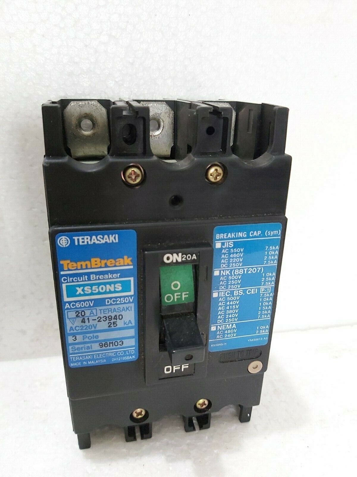 TEMBREAK XS50NS 20AMP 3-POLE AC600V DC250V CIRCUIT BREAKER TERASAKI 