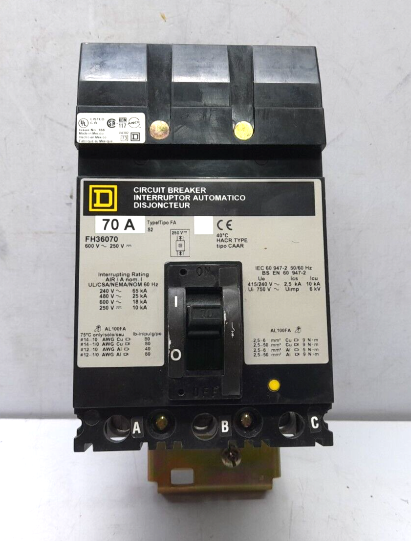 Square D FH36070 Circuit Breaker 600V~ 250VDC 50_60Hz 70A 3P