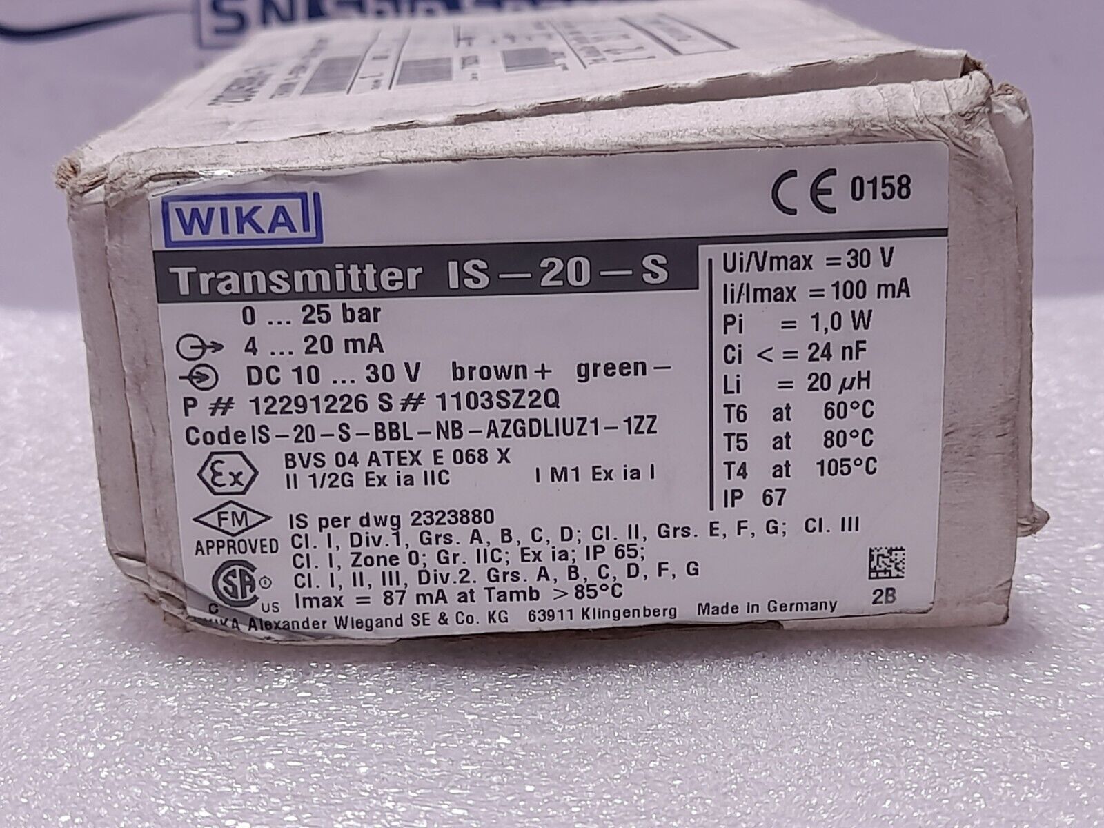 Wika IS-20-S Transmitter 12291226 0-25 Bar 4-20mA 10-30VDC NOV 20045996+74