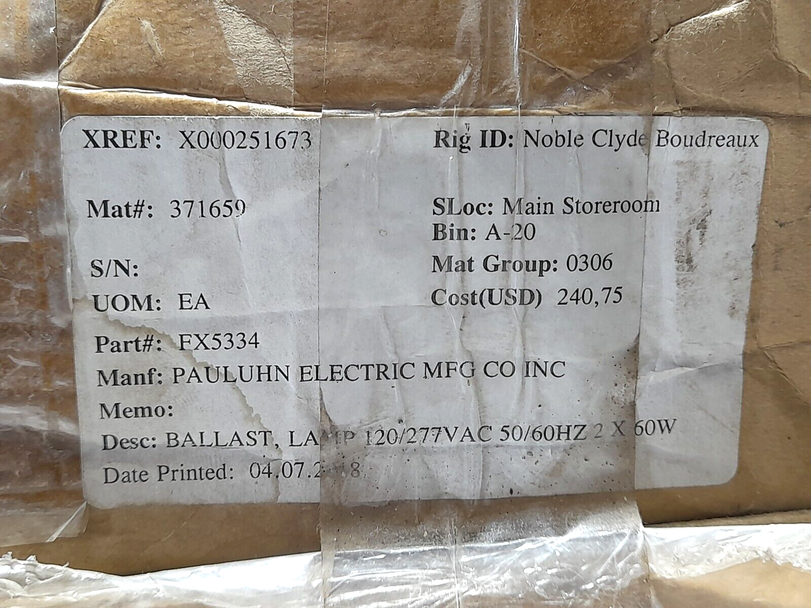Pauluhn FX5334 Ballasat Lamp 120/277VAC 50/60HZ 2 x 60W