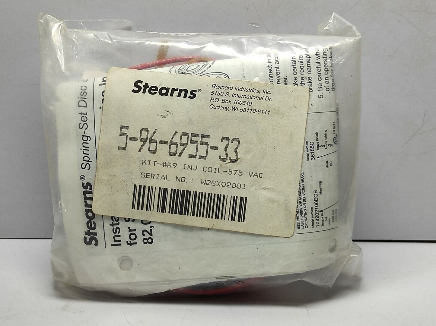 Stearns 5-96-6955-33 Coil 575VAC 60Hz 480VAC 50Hz Solenoid Coil Kit-#K9 INJ Coil