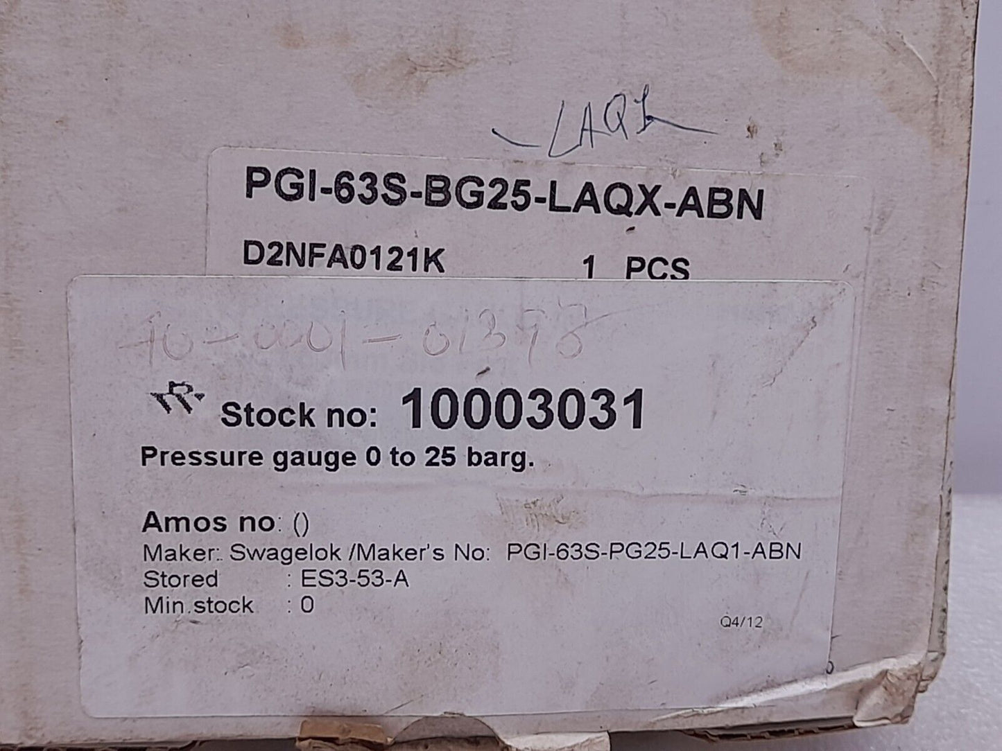 Swaglok PGI-63S-PG25-LAQ1-ABN Pressure Gauge 0-25 Bar 0-360 PSI PGI-63S-PG25-LAQ