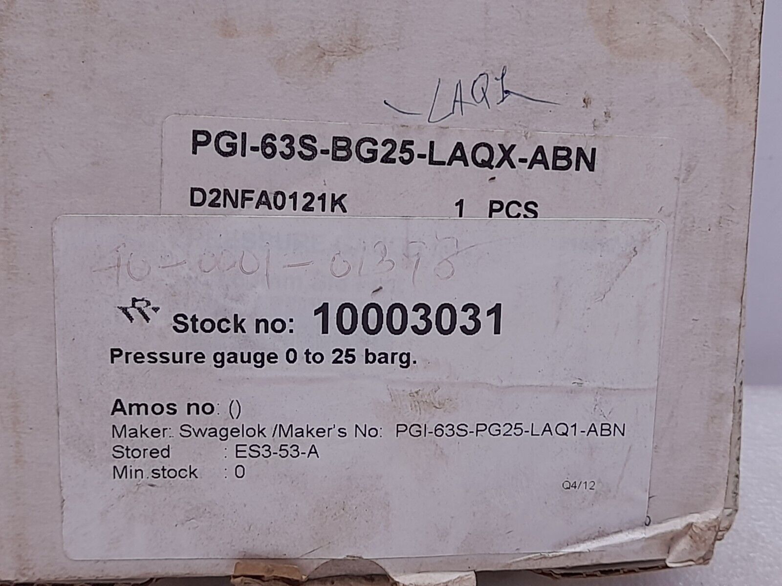 Swaglok PGI-63S-PG25-LAQ1-ABN Pressure Gauge 0-25 Bar 0-360 PSI PGI-63S-PG25-LAQ