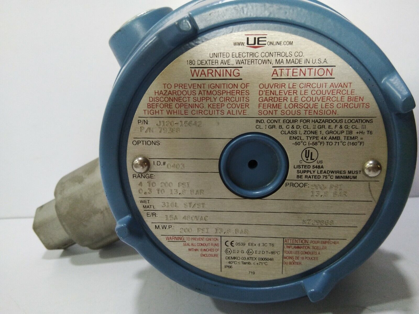 UNITED ELECTRIC J120-15642 PRESSURE SWITCH J12015642 4 TO 200PSI 0.3 TO 13.8BAR