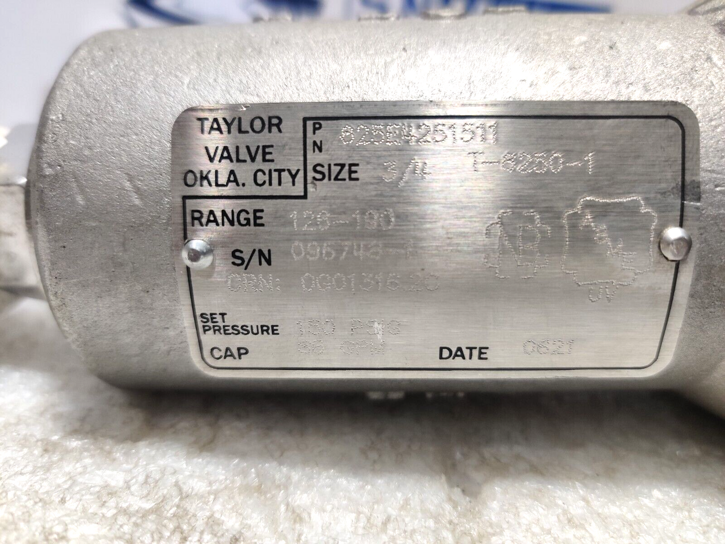 Taylor Valve T-8250-1 Relief Valve ¾ Size 126-190 Range 150Psig