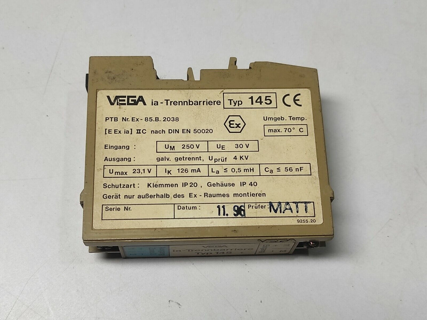 Vega Type 145 ia Safety Barrier PTB Nr. Ex-85.B.2038