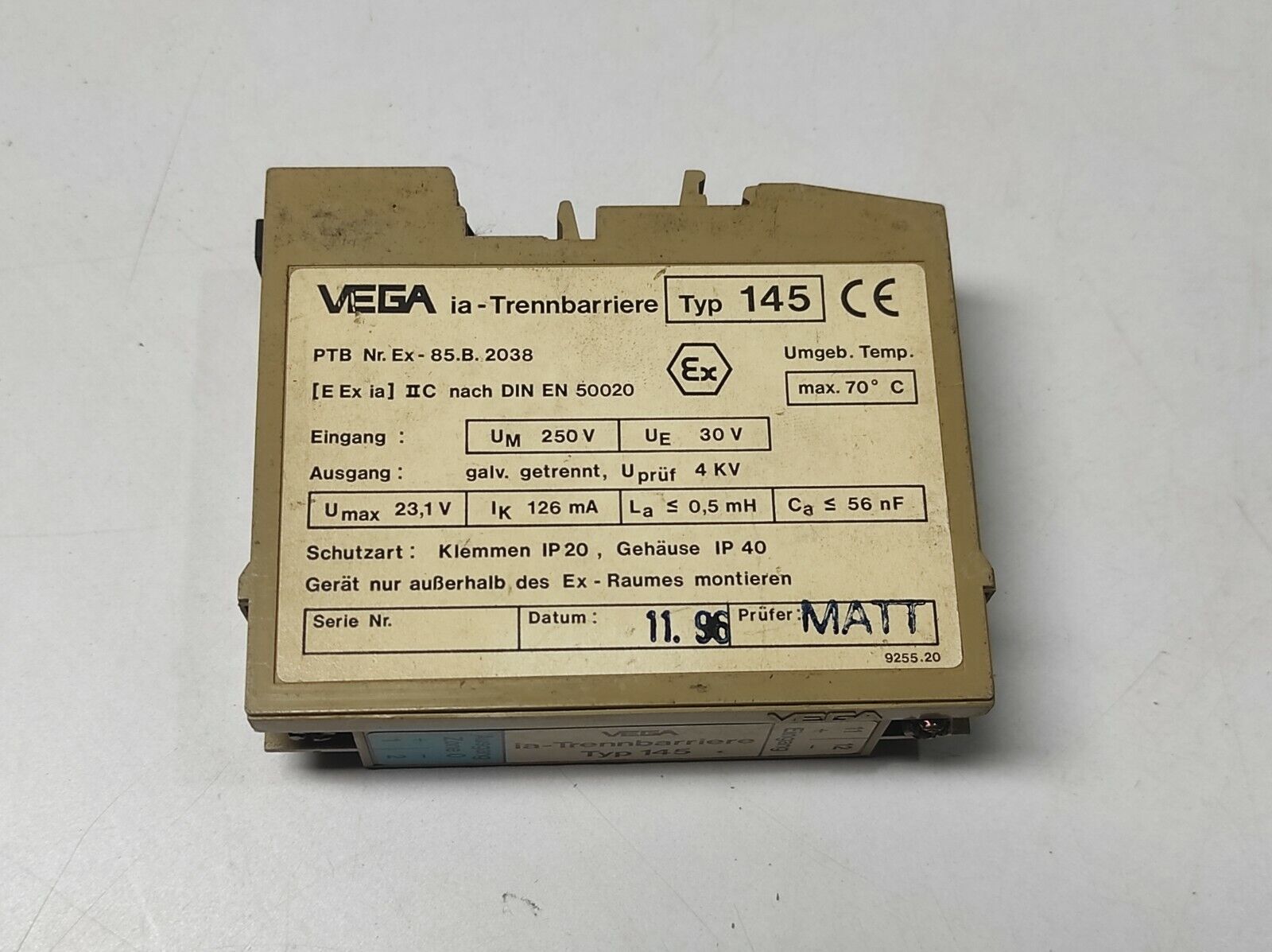 Vega Type 145 ia Safety Barrier PTB Nr. Ex-85.B.2038