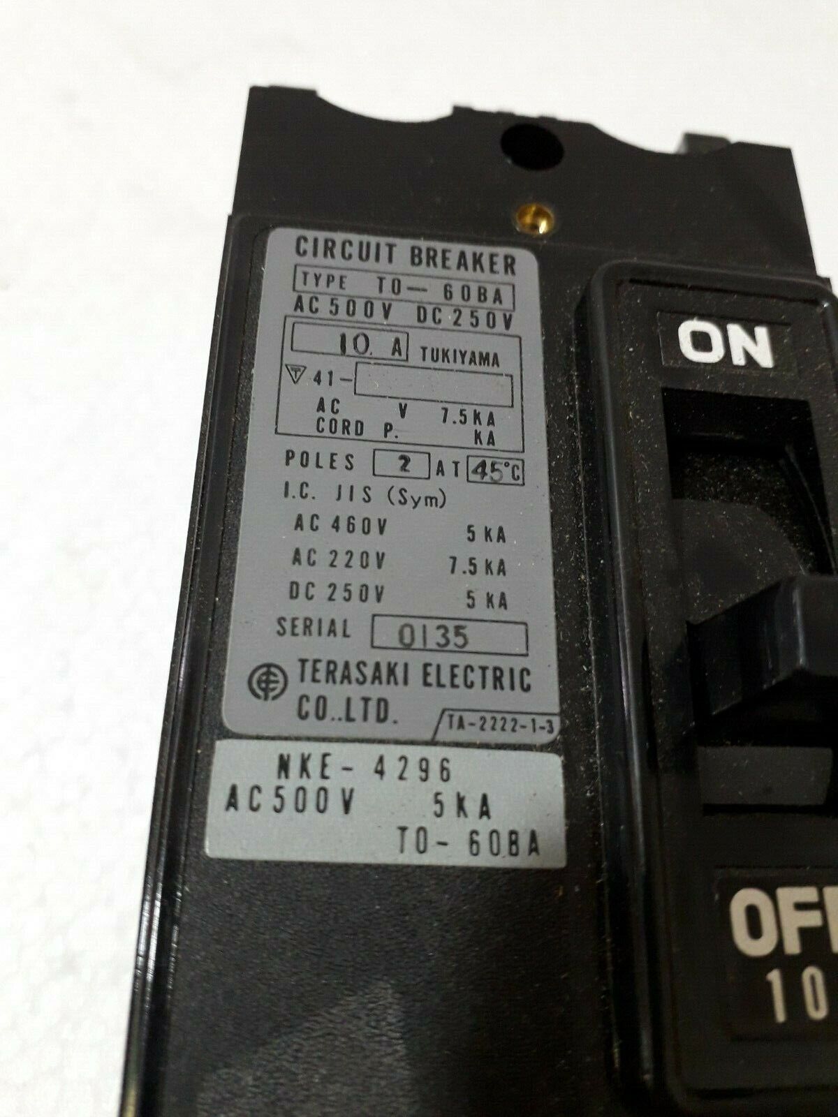 Terasaki TO-60BA 2Pole 10A AC500V DC250V Circuit Breaker On/Off Switch