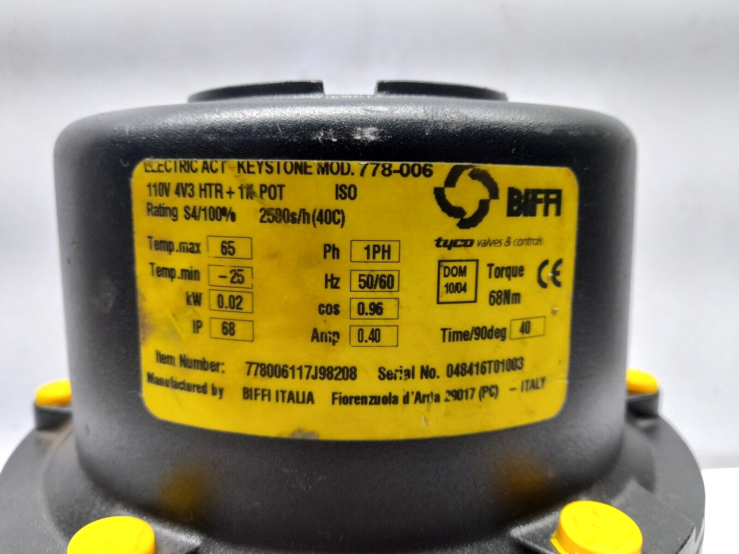 Tyco Valves & Controls Keystone 778-006 Electric Actuator Biffi 778006117J98208