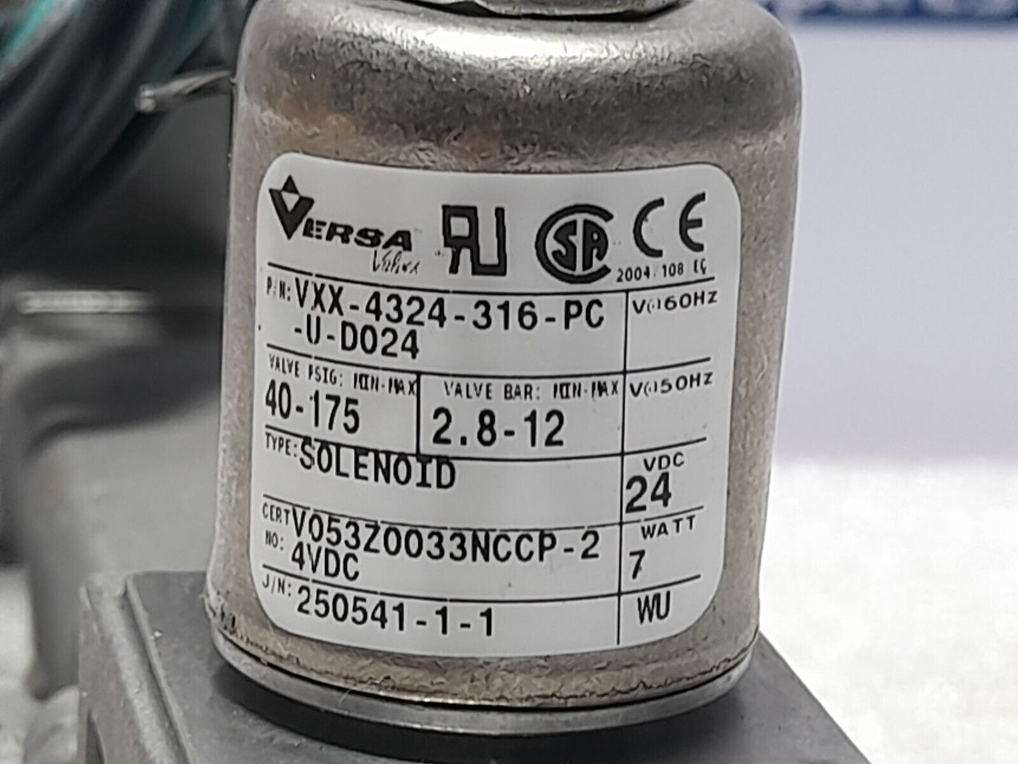 Versa VXX-4324-316-PC-U-D024 Four Way Valve 24VDC 7W 2.8 Bar Min 12 Bar Max