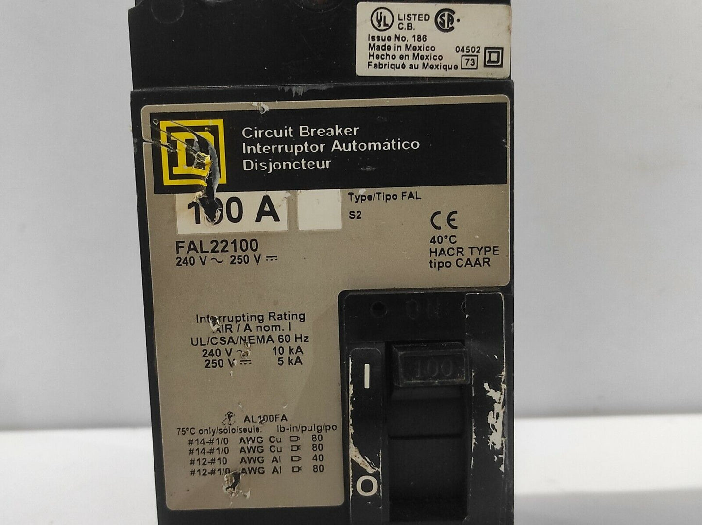 Square D FAL22100 Circuit Breaker 100A Type FAL 240V~ 250VDC